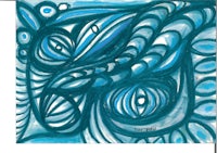 an abstract painting of a blue and white design